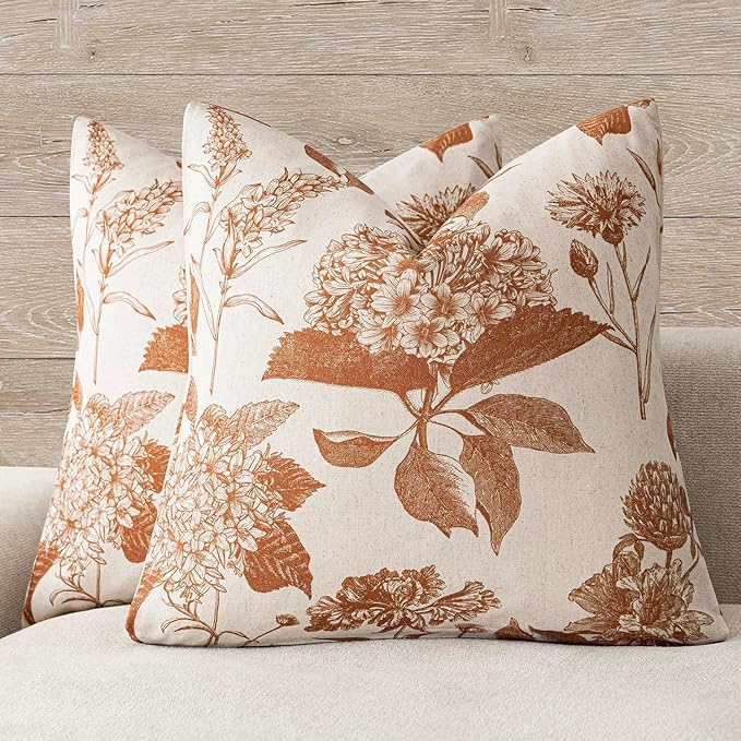 Foindtower Set of 2 Linen Floral Throw Pillow Covers Vintage Accent Print Decorative Cozy Cushion Covers Farmhouse Boho Home Decor for Sofa Chair Couch Bedroom Living Room,18×18 Inch,Autumn Orange