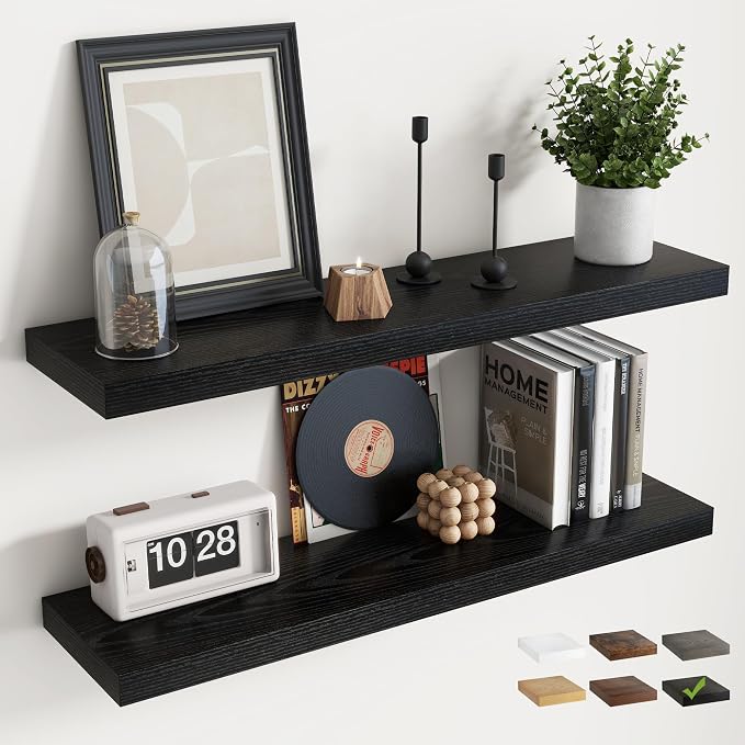 36 Inch Floating Shelves for Wall with Invisible Brackets Set of 2, 8"D Engineered Wood Wall Shelves with Wood Grain for Living Room, Bedroom, Bathroom, Kitchen Decor and Storage, Black Finish