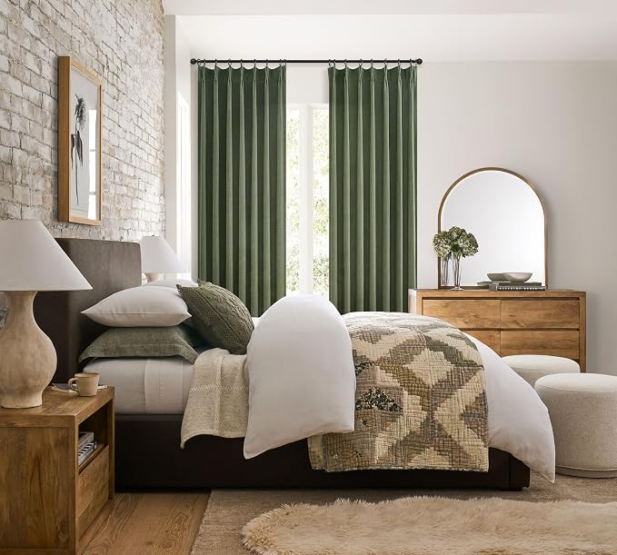 Custom Olive Green Pinch Pleated Drapes Linen Blend Light Filtering Curtains 86 Inches Long for Dining Room 2 Panels Set, Dark Academia Loden Memory Trained Sheer Curtain 84-86 Inch Length for Office