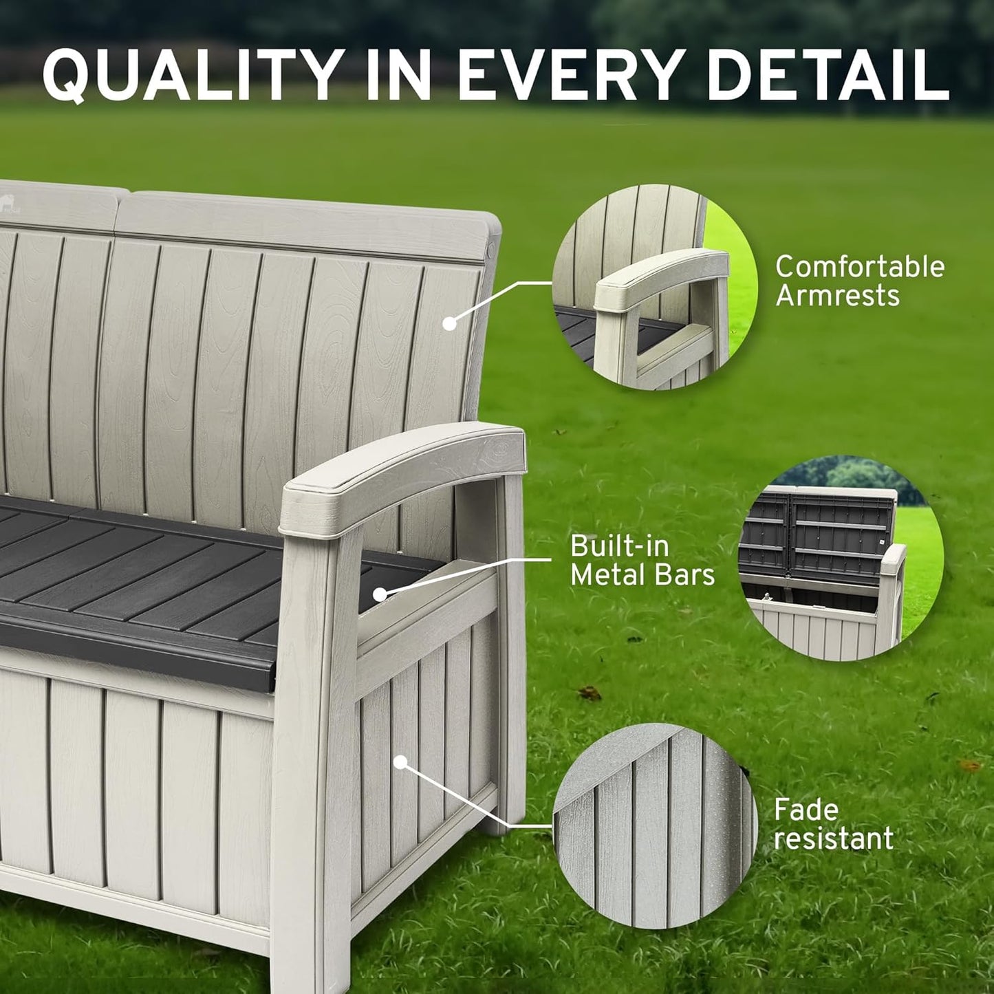 EconoHome 3 Seat Outdoor Storage Bench - 90 Gallon Capacity - Weatherproof Resin Bench for Patio, Porch, Garden, Yard, Pool Area - Furniture for Pool Accessories, Gardening Tools, Toys