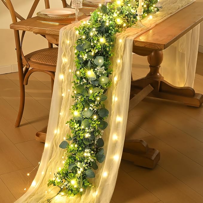 4Pcs Eucalyptus Garland with Lights, Greenery Garland, Green Garland with Flowers, 5.9FT Artificial Faux Eucalyptus Leaves Vines for Table Mantle Home Wedding Party Indoor Outdoor Decor