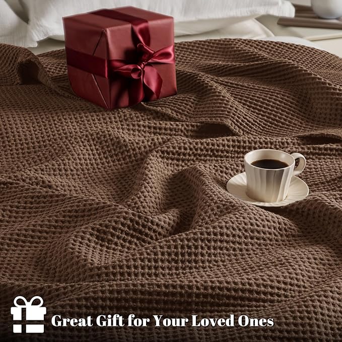 PHF Pre-Washed 100% Cotton Waffle Weave Blanket Queen Size for Bed,Snag Proof Throw Blanket for Couch Spring Summer Lightweight Breathable,Machine Washable, Home Decor Gift - Cappuccino