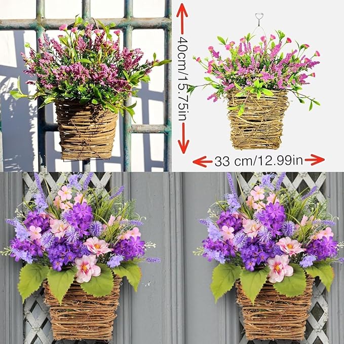 2026 Cream Hydrangea Door Hanger Basket Wreath, Spring Summer Wreaths for Front Door Wildflowers Wreath Artificial Flower Hanging Basket for Home Farmhouse Seasonal Decor (E)