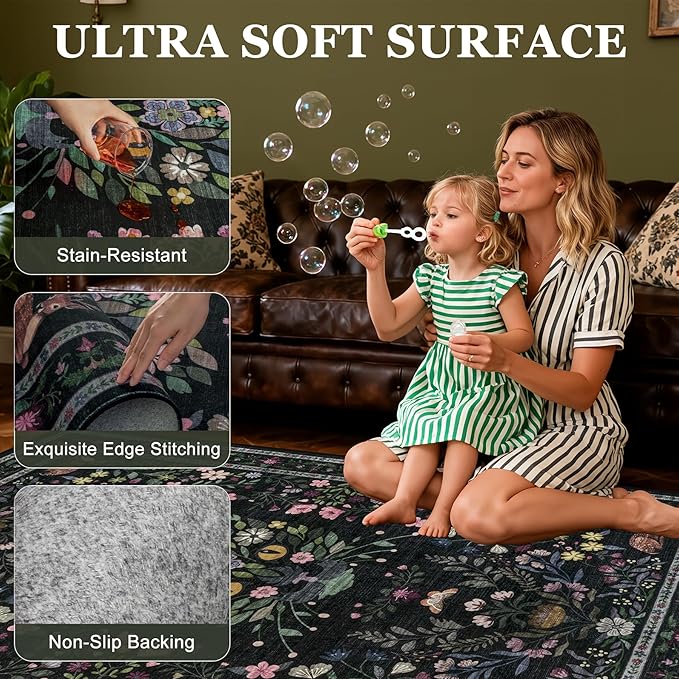 6x9 Area Rugs Living Room Rug: Vintage Washable Rug Floral Soft Carpet Indoor Floor Non-Slip Boho Stain Resistant Large Carpets for Bedroom Kids Nursery Dining Room Farmhouse Home Office Black/C02