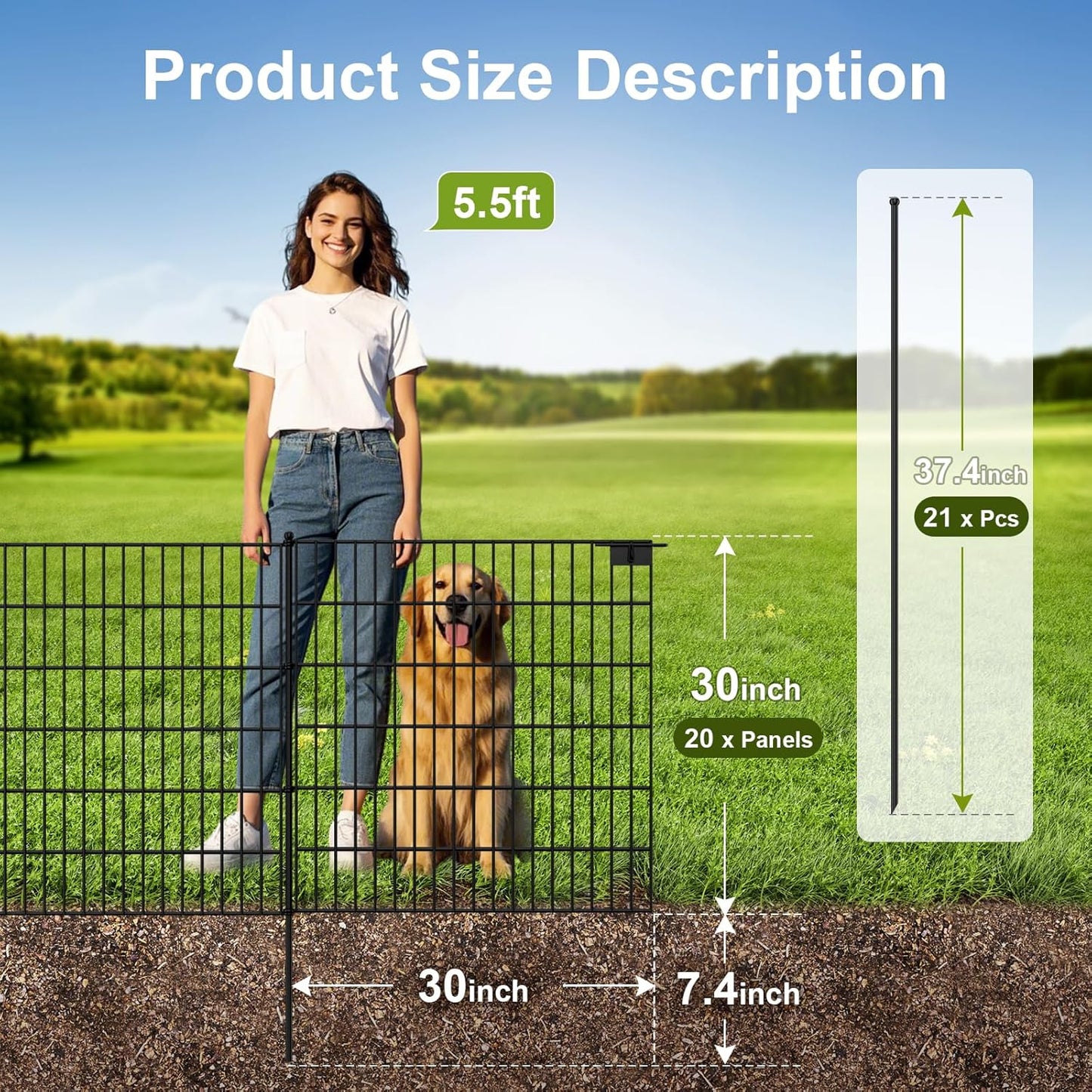 Land Guard 20 Panels No Dig Decorative Garden Fence with Gate for Yard, 30 in(H) x 50 ft(L) Removable Dog Fence Outdoor for Yard, Rustproof Metal Animal Barrier Ground Stakes