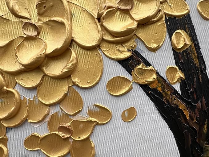 zoinart 3D Modern Oil Paintings, Gold Fortune Tree Painting, Abstract Vertical Canvas Wall Art, Floral Wall Painting for Dining Room Hallway Living Room Wall Decor 48x24 Inches