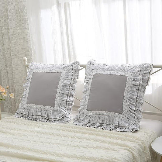 Light Gray Lace Euro Shams Luxury Throw Pillow Covers Cushion Cases with Ruffles Cotton 26"X26" Zipper Closure Elegant 2-Pack