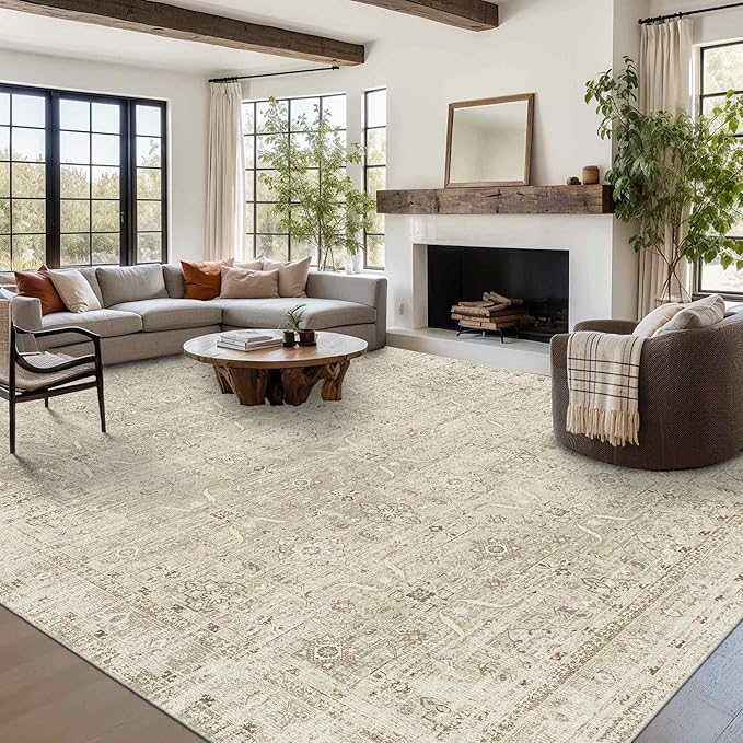 Rugxara 9x12 Area Rugs for Living Room Bedroom, Large Washable Rug, Beige Vintage Retro Boho Rug, Non Slip & Low Pile Faux Wool Carpet for Indoor Dining Room and Kids Room(Beige 9x12ft)