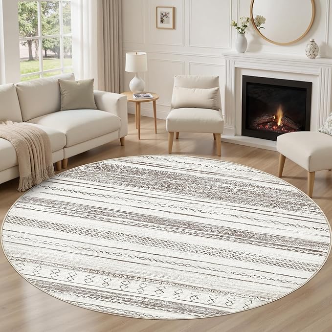 Tortania 5' Round Area Rug Living Room Rugs - Washable Large Soft Neutral Boho Moroccan Bohemian Farmhouse Rug Indoor Floor Carpet for Bedroom Under Dining Table Home Office Decor - Cream/Brown