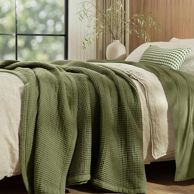 PHF 100% Cotton Waffle & Muslin Blanket Twin Size, Soft Breathable Luxury 400GSM Versatile Reversible Bedding for Bed, Great for Layering in Cold Weather, Home Decor Gift, 66" x 90", Olive Green