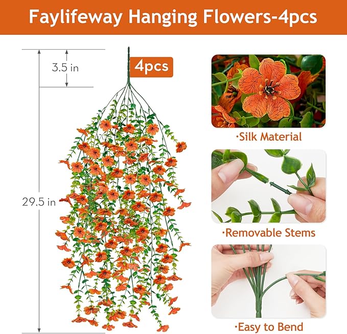Artificial Hanging Flowers for Outdoors Fall Decoration, 4PCS UV Resistant Faux Silk Hanging Plants for Outside, Garden, Porch, Window, Home Decor (Orange, 4PCS)