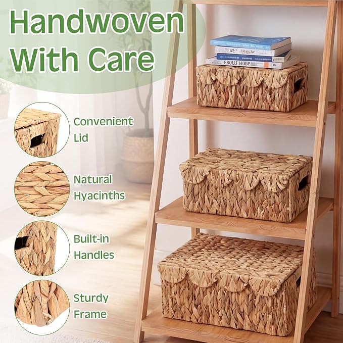 3 Pcs Large Wicker Storage Baskets with Lids 16" 14" 12" Scalloped Wicker Edge Basket Rattan Storage Rectangle Box Large Water Hyacinth Bins with Built in Handles for Living Room, Nursery
