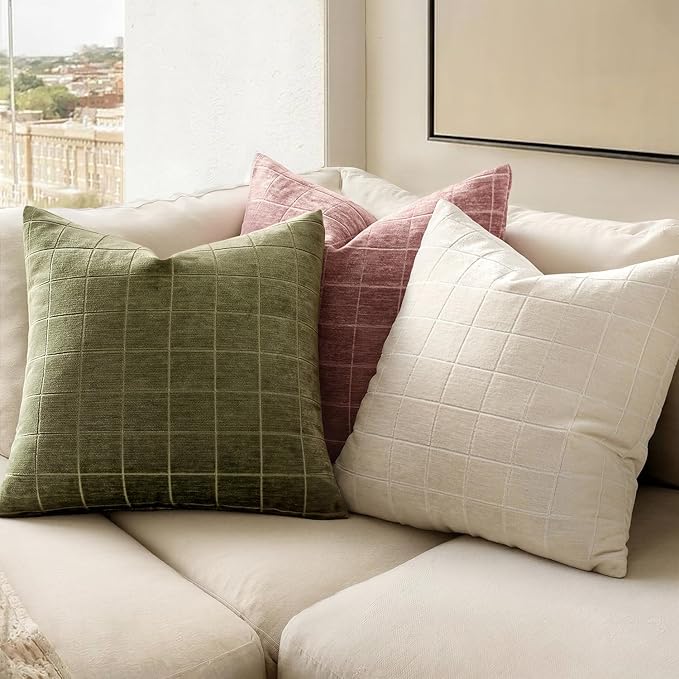 MIULEE Decorative Chenille Check Throw Pillow Covers Vintage Plaid Couch Pillows 18x18 Inch Set of 2 Neutral Boho Farmhouse Cushion Covers Modern Home Decor for Sofa Bed Living Room Olive Green