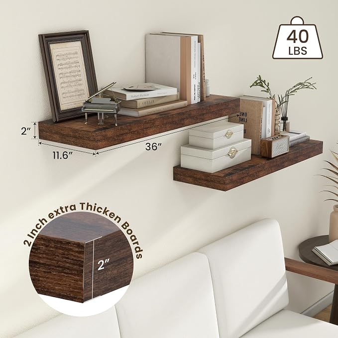 FLYJOE 36'' Brown Floating Shelves, 12 Inch Deep Shelves for Wall Set of 2 | 36'' x 12'' Rustic Brown Wood Shelves for Framhouse Living Room Bathroom Kitchen Laundry Room