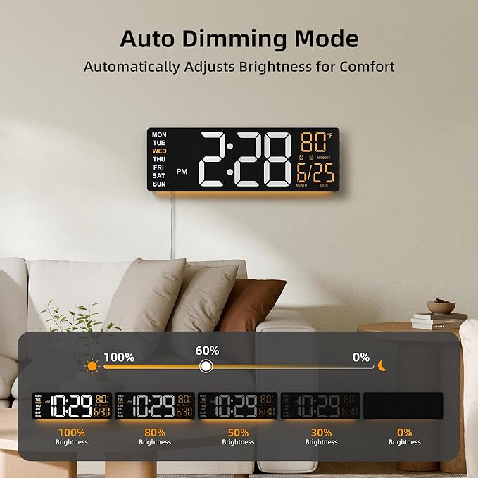 EASYERA 16.5" Large Digital Wall Clock with Anti-Glare Display, RGB Lights with 10 Scenes Mode Remote Control, Adjustable Brightness, Dual Alarms, Auto DST, BT Sync, Temperature for Living Room