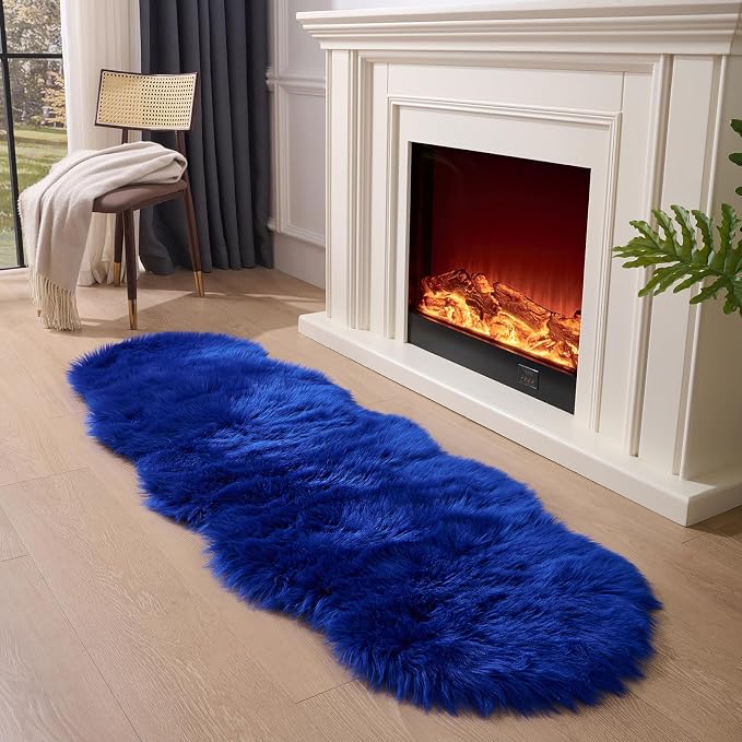 Faux Fur Sheepskin Runner Rug Royal Blue 2x6 ft Ultra Soft Shaggy Plush Fluffy Fuzzy Area Carpet Decorative Chair Cover Floor Mat for Bedroom Sofa Living Room Bedside