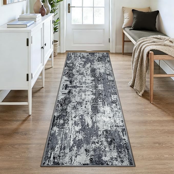 RELEANY Washable Area Rugs 3x8 Non-Slip Modern Abstract Soft for Living Room Entryway Bedroom Nursery, Print Pattern, Black Navy Blue Gray