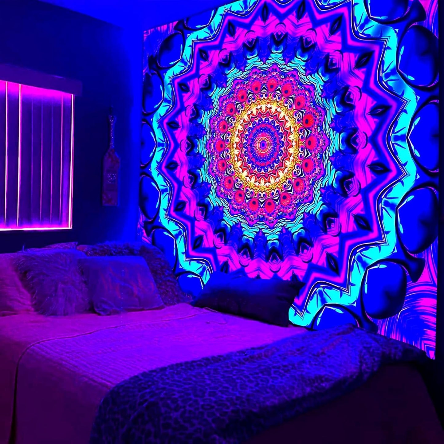 Blacklight Mandala Tapestry for Bedroom, Black Light Posters for Adults and Teens, Colorful UV Reactive Aesthetic Bohemian Wall Art Decor (90 x 70 Inches)