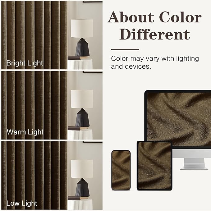 Dark Chocolate Pinch Pleated Linen Curtains 96 Inches Long for Living Room, Light Filtering Pleat Drapes Textured Thick Ceiling Semi-Sheer Window Curtain with Hooks for Bedroom Balcony, 2 Panels