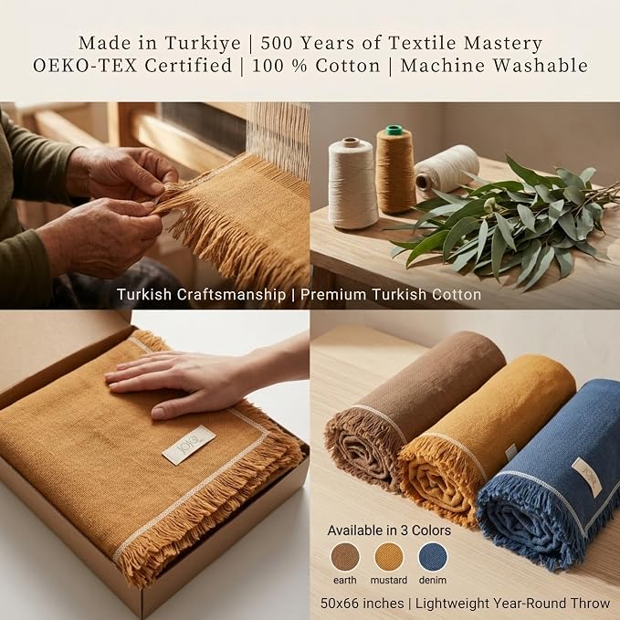 Odin Waffle Throw Blanket with Tassels, 50x66 Inch, 100% Turkish Cotton, Oeko-TEX Certified, Breathable Lightweight Throw for Couch, Sofa & Bed, Made in Turkey, Mustard