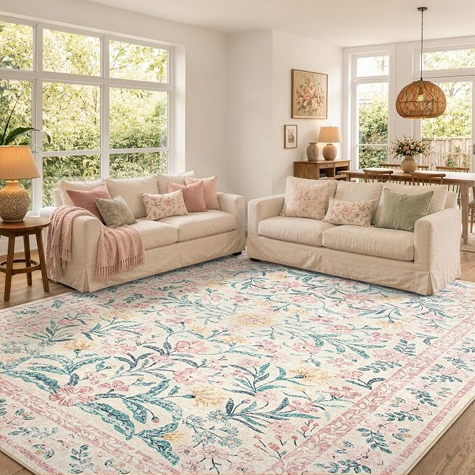 Wonnitar Machine Washable 10x14 Area Rugs, Large Living Room Rug Floral Pink and White Carpet, Boho Soft Ultra-Thin Foldable Carpets for Bedroom Dining Room Office