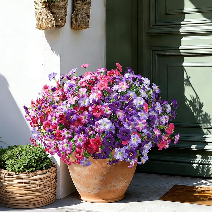 Artificial Flowers for Outdoors Decoration, 20 Bundles Faux Morning Glory with Eucalyptus Look Real UV Resistant Fake Plants Silk Flowers for Outside Yard Gardens Porch Patio Planter Home Urn, Mix