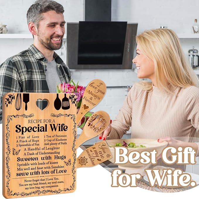Mothers Day Gifts for Wife - "Recipe for a Special Wife" Birthday Gifts for Wife Cutting Board Set, Bamboo-Made Engraved Utensil Set Gifts for Wife