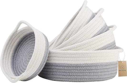 NaturalCozy 5-Piece Round Small Woven Baskets Set– Cotton Rope Baskets for Organizing! Montessori Toys, Fruits Remotes Key Tray Bowl for Entryway Desk, Shallow Catchall Home Décor, Cat Dog Bin Gift
