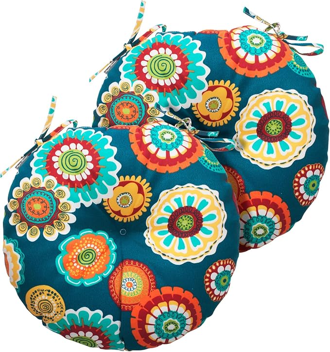 Magpie Fabrics Outdoor Round Bistro Seat Cushions with Ties, 15"x15"x4" Set of 2, Tufted Waterproof Barstool Chair Pads for Patio Home Garden Office, Floral Green