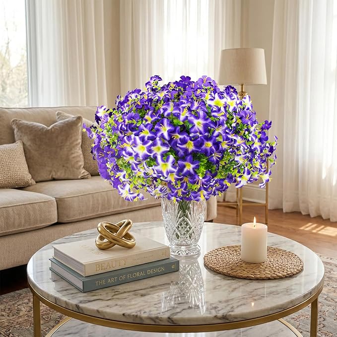 Daynight 32 Pcs Faux Petunias Artificial Flowers for Outdoors, UV Resistant Fake Purple Petunias Plants Realistic Silk Flowers for Porch Front Door Garden Window Outside Decor (32, Purple)