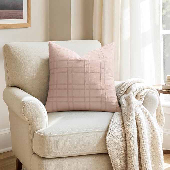 MIULEE Decorative Linen Check Throw Pillow Covers Neutral Farmhouse Vintage Spring Valentine Spring Pillow Covers 20x20 Set of 2 Boho Modern Home Decor for Sofa Couch Bedroom Cushion Light Pink
