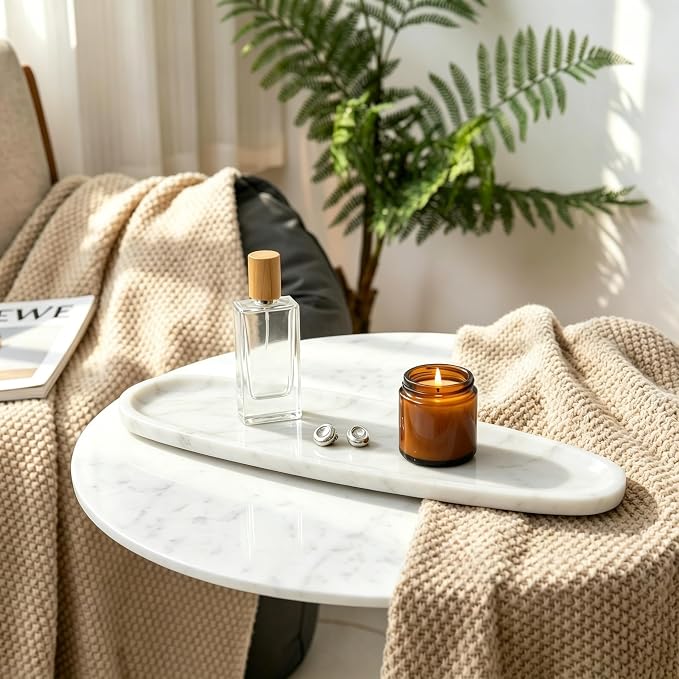Natural Marble Vanity Tray, 16.6"x4.6" White Real Stone Decorative Tray for Bathroom Countertop & Home Decor, Catchall Organizer for Jewelry, Candles, Cosmetics & Perfume（White）