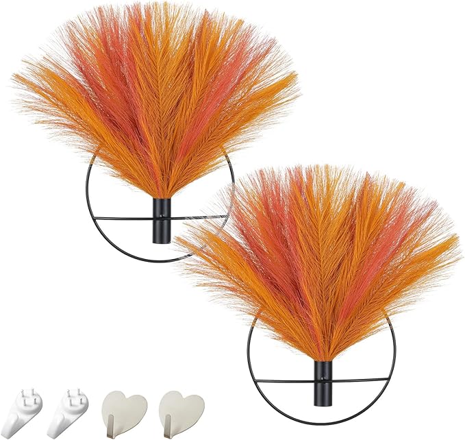 Pretty Jolly Boho Wall Decor - Hanging Artificial Pampas Display, Wall-Mounted Metal Art for Living Room, Bedroom, Bathroom, Dining Room - Plant Wall Decor 2 Pack, Turmeric, Gold, Old Orange