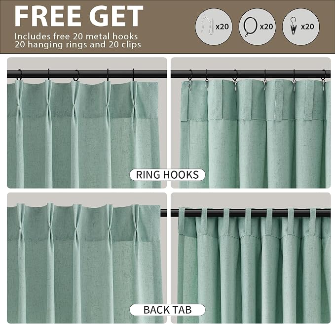 Guken Aqua Green Pinch Pleated Linen Curtains 84 Inches Long 2 Panels Elegant Modern Farmhouse Boho Window Curtain for Living Room Bedroom Semi Sheer Back Tab Draps with Hooks Rings Aesthetic Decor