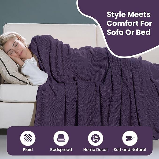 Dalisa 100% Organic Turkish Cotton Throw Blanket - GOTS Certified, Cozy - Perfect for Couch, Bed, and Home Decor - Boho Vintage Knit Alina (Sweet Grape, 60x80)
