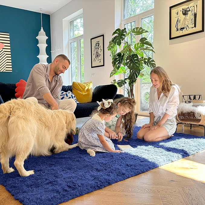 OLANLY 7x10 Machine Washable Large Area Rugs for Living Room, Bedroom, Soft Fluffy Shaggy Bedside Rug, Indoor Floor Carpet for Kids Girls and Boys, Dorms, Nursery, Home Decor Aesthetic, Navy Blue