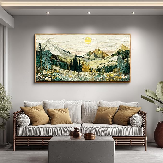 XIGUANGART Mountain Framed Wall Art,Large Canvas Wall Art - Floral Abstract Painting Decor, Vintage Flower Boho Pictures,Modern Rustic Farmhouse Landscape Art Prints for Bedroom Office Home Decoration