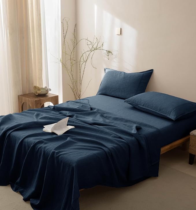 Talasily 100% French Linen Pillow Case Standard Size Set of 2,Oeko-TEX Certified Stone Washed Flax Pillow Shams with Envelope Closure - Breathable & Cooling for Hot Sleepers（Navy Blue,20''x26''）