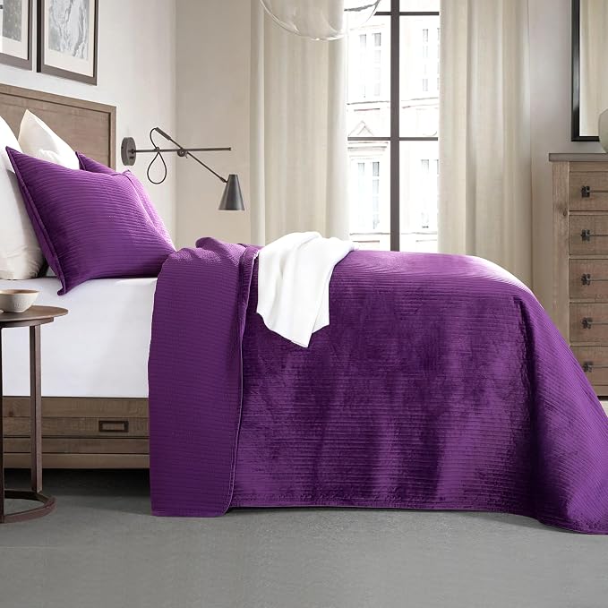 Elegant Comfort Luxury 3-Piece Velvet Corduroy Stripe Quilt Set, Ultra Soft Bedspread - Cozy Velvet Coverlet Set - 3PC Medium Weight Quilted Set with Matching Pillow Shams, King, Purple