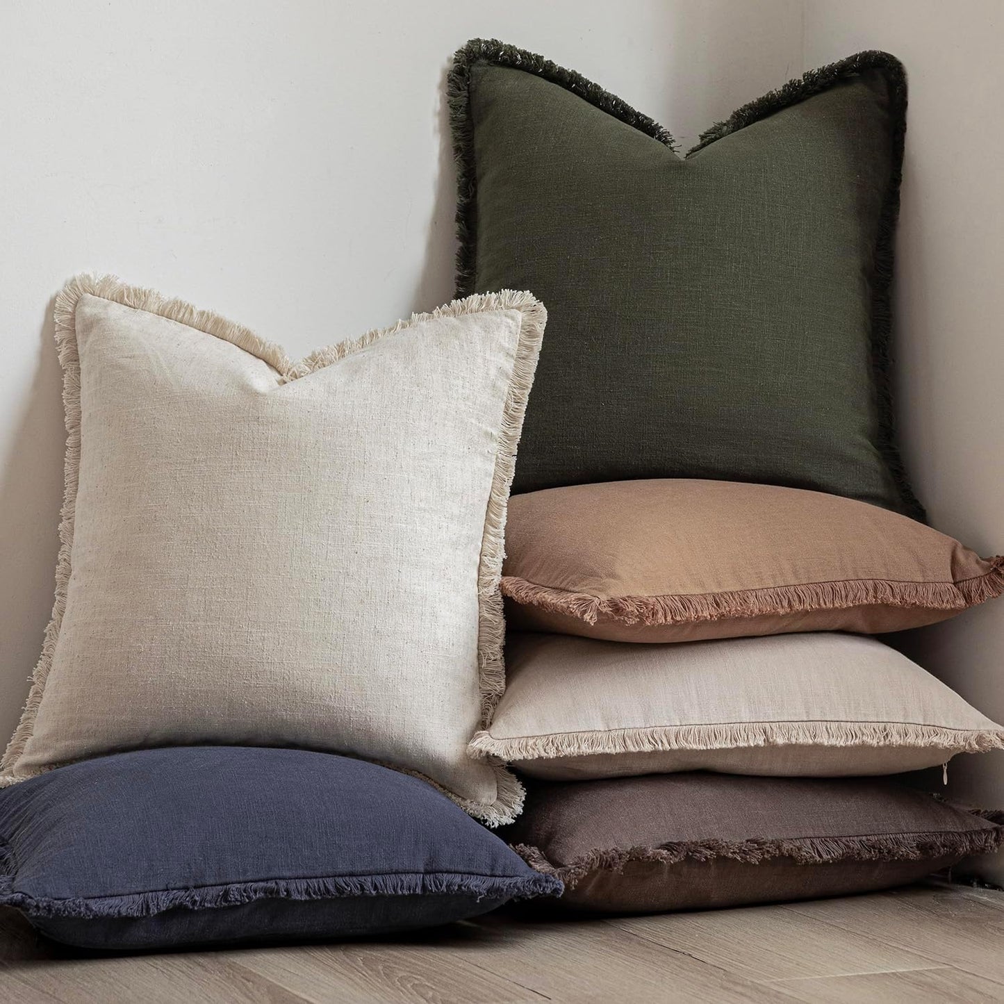 Foindtower Set of 2 Decorative Linen Fringe Throw Pillow Covers Cozy Farmhouse Cushion Cover with Tassels Accent Pillowcase for Couch Chair Sofa Bed Living Room Home Decor,16×16 Inch,Dark Olive Green