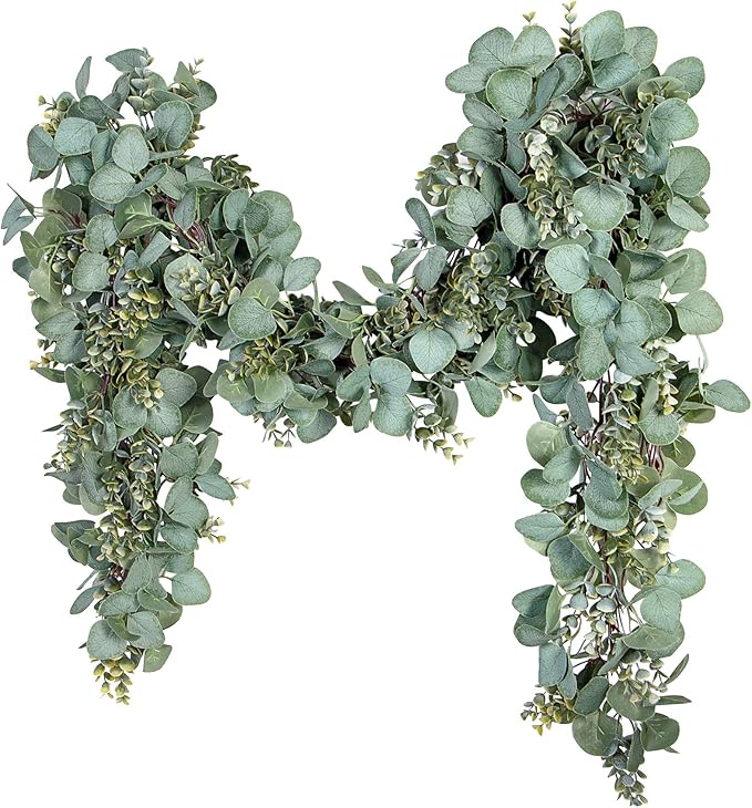 Ouddy Decor Eucalyptus Garland 6.56 Ft Lush Silver Dollar Leaves Boxwood Artificial Faux Greenery Vines for Baby Shower Wedding Party Table Runner Room Home Mantle Decor