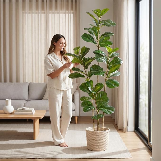 Warmplants 6ft Tall Artificial Fiddle Leaf Fig Tree with White Planter, Faux Ficus Lyrata Tree for Indoor Home Office Living Room Decor