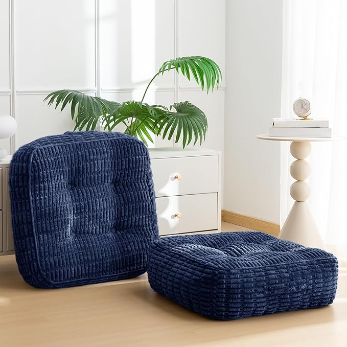 HIGOGOGO 8" Floor Pillow Cushion for Adults, Meditation Cushion Pillow, Blended Corduroy Cover, Large Square Floor Sitting for Tatami Living Room or Yoga, 2Pack, Navy
