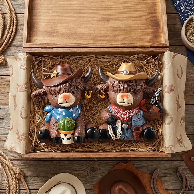 Wesiti 2 Pcs Cowboy Highland Cow Figurines, Western Resin Statue Set for Country and Farmhouse Home Shelf Decor, Cute Unique Gift for Cow Lovers and Collectors