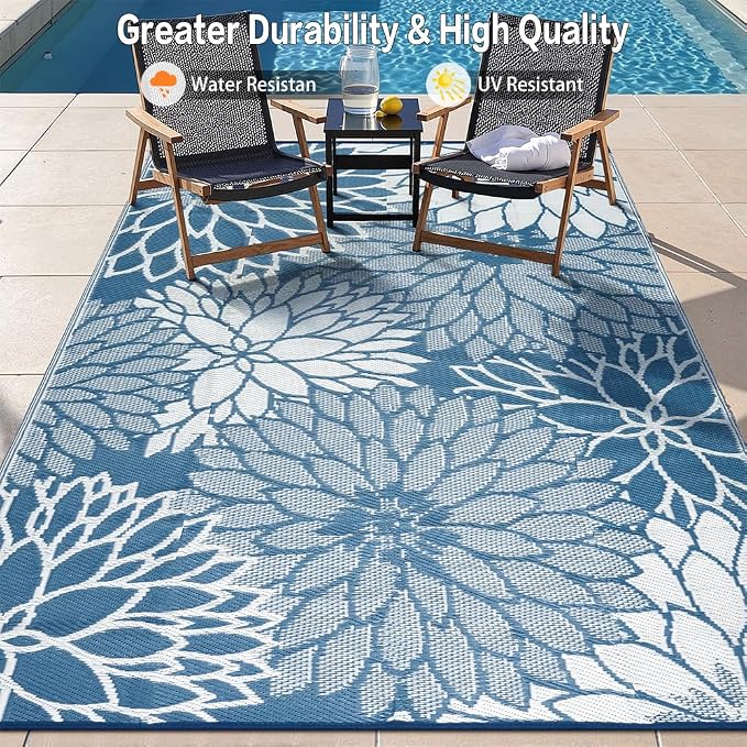 HUGEAR 8'x10' Outdoor Rug Waterproof Plastic Straw Rugs Large Blue Reversible Floral Mat Floor Carpet for Camping RV Deck Entryance Porch Picnic Balcony Beach Backyard
