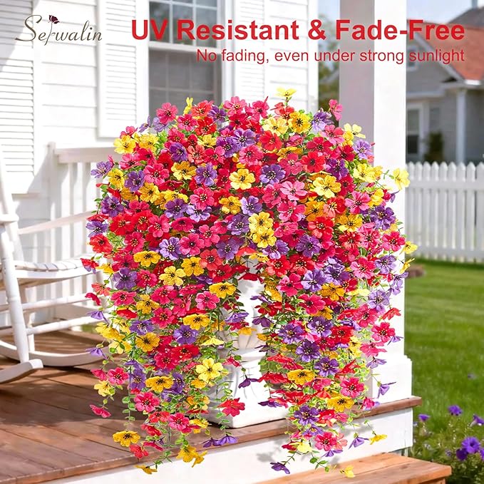 Serwalin 12PCS Artificial Hanging Flowers for Outdoors, UV Resistant Fake Hanging Plants, Realistic Weatherproof Outdoor Decor for Patio, Porch, Garden & Window (Spring Color,12PCS)