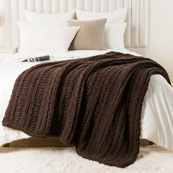 Battilo Chunky Knit Throw Blanket for Couch, 50"x60", Chocolate Brown | Hand Knit, Gift Blanket, Cozy Warm Thick Soft Chenille Throw Blanket for Bed, Sofa, Chair, Living Room