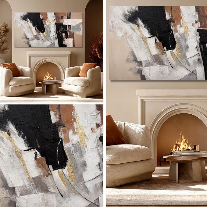 MLART99 Large Abstract Canvas Wall Art Black White Gold and Brown Geometric Painting Textured Modern Artwork for Bedroom Living Room Home Decor 29x58 Inch