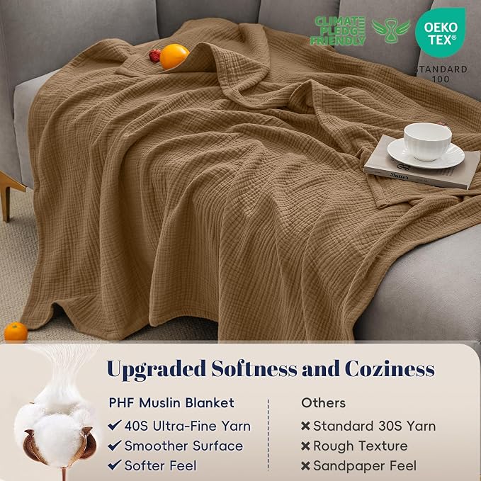 PHF 100% Cotton Muslin Blanket Twin XL Size 66"x90", 4-Layer Lightweight Gauze Throw, Breathable Cloud-Soft Minimalist Blanket for Bed, Couch, Camping & Baby, Coco Brown, Ideal Gift