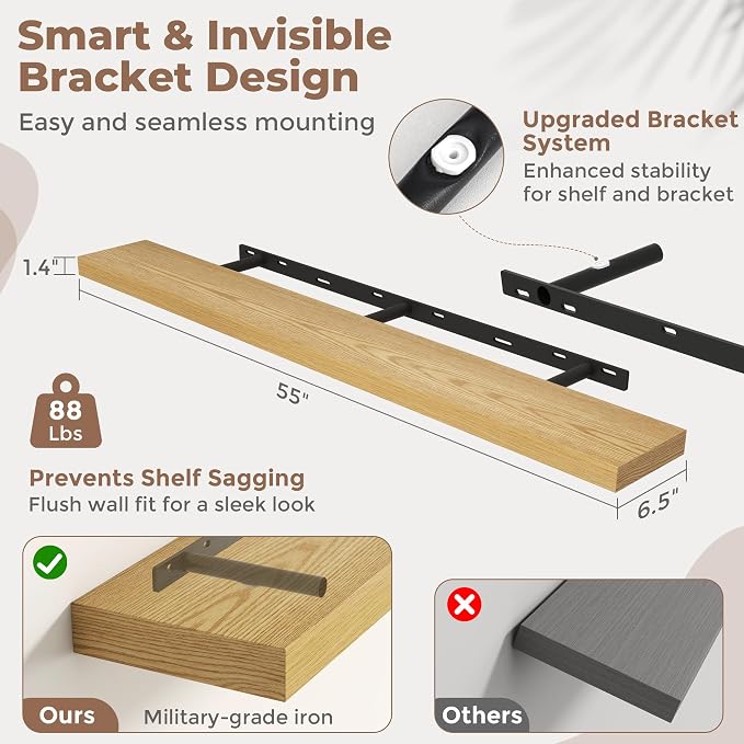 Venusmiles Floating Shelves for Wall, 55 Inch Floating Shelves Set of 2, 6.5" D Wooden Wall Mounted Display Shelves with Invisible Brackets for Living Room, Bedroom, Bathroom, Kitchen Decor, Oak